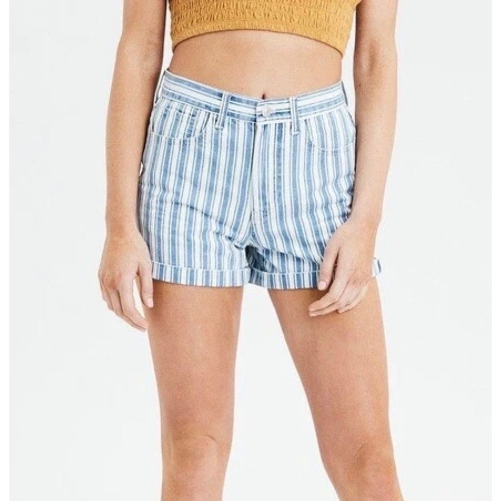 American Eagle Mom Shorts Womens 10 Blue White Striped High Rise Denim Cotton